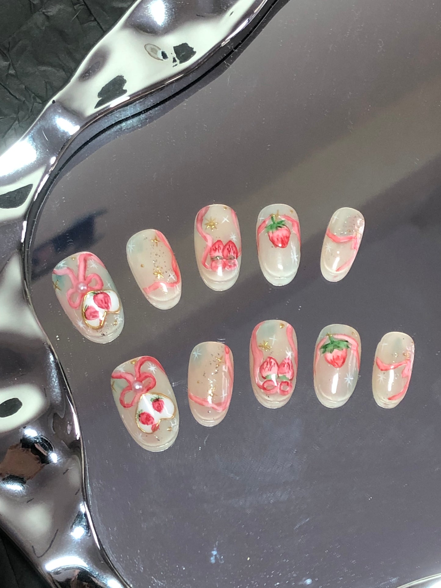 Ballet Style Strawberry Oval Press On Nail